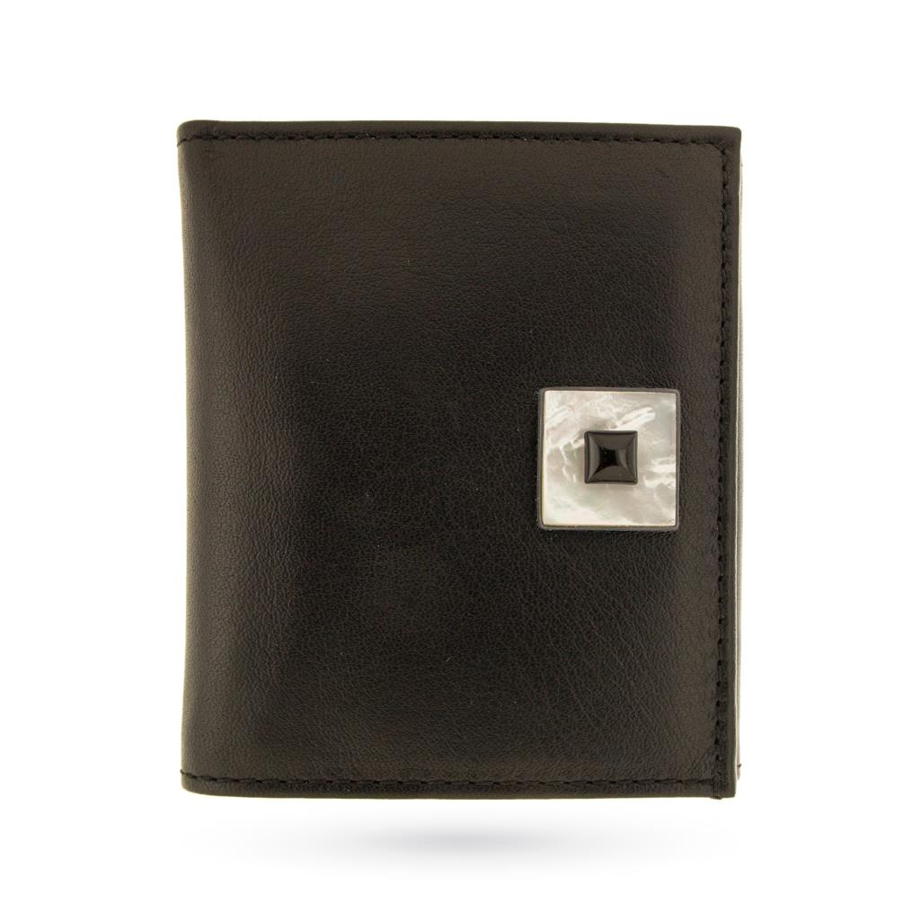 Black leather wallet with mother of pearl and onyx - ASCIONE