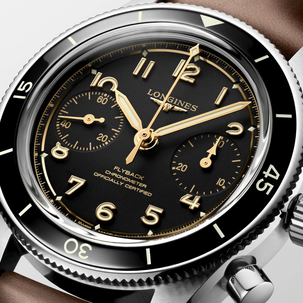 dettaglio quadrante nero del longines spirit flyback
