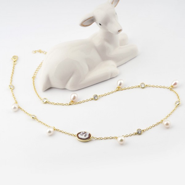  Gold plated silver necklace with pendant pearls and flower cameo - CAMEO ITALIANO