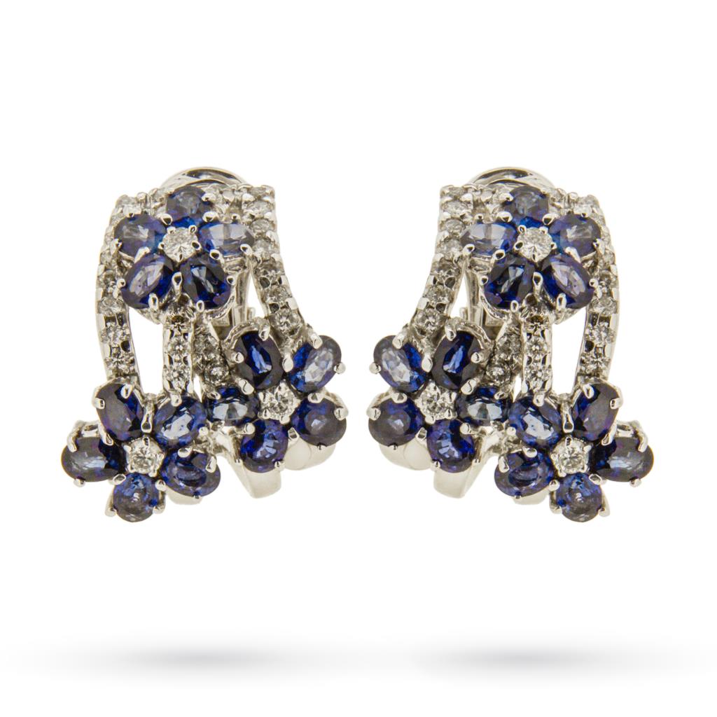 18kt white gold earrings with flowers of sapphires and diamonds - 