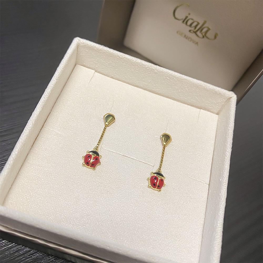  Orecchini pendenti coccinella smaltata oro giallo h2,5cm - LUSSO ITALIANO