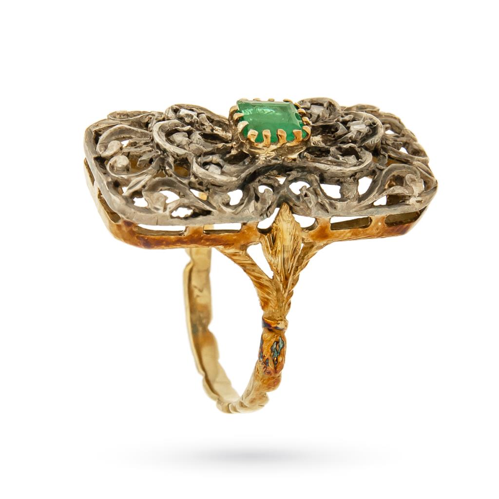  Anello vintage rettangolare oro argento e smeraldo - 