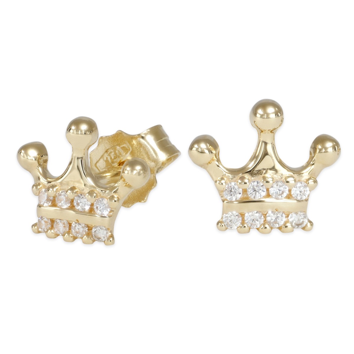 Orecchini copriforo per bambina in oro giallo 18kt a forma di coroncina con zirconi, 8x8 mm, Cicala