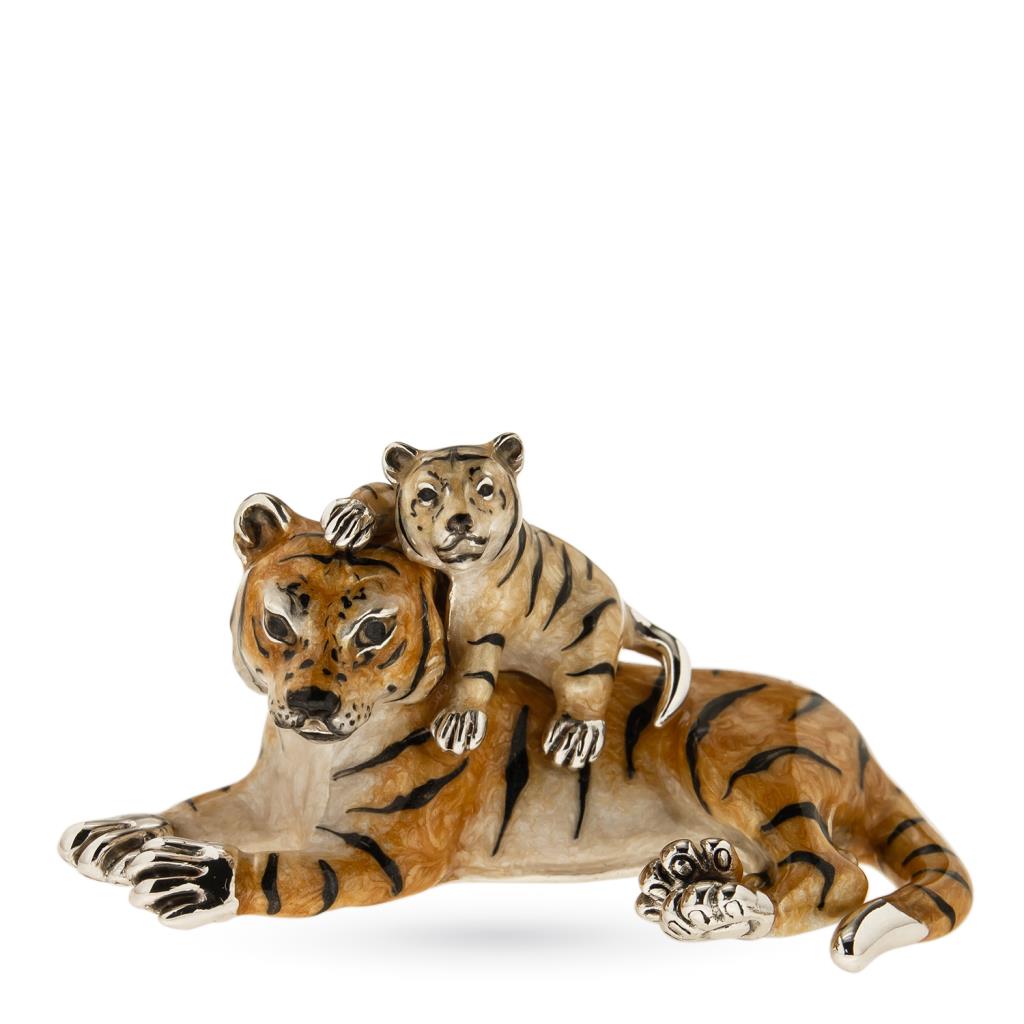 Tigre con cucciolo soprammobile argento 925 smalto - SATURNO