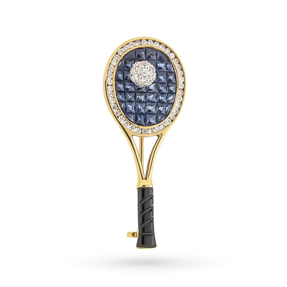 Spilla oro giallo racchetta tennis diamanti 1,16ct zaffiri 2,86ct - CICALA