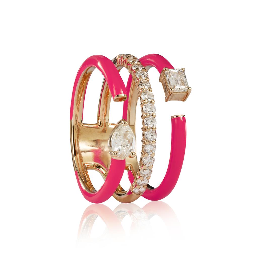 Ring three stems three diamonds different cut yellow gold and fuchsia enamel - RF JEWELS