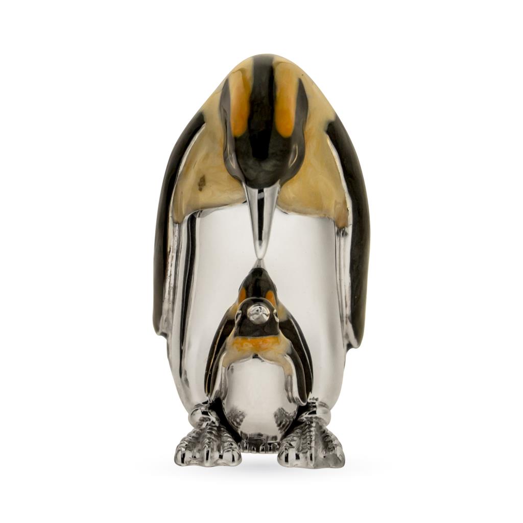 Pinguino con cucciolo soprammobile argento 925 smalto - SATURNO