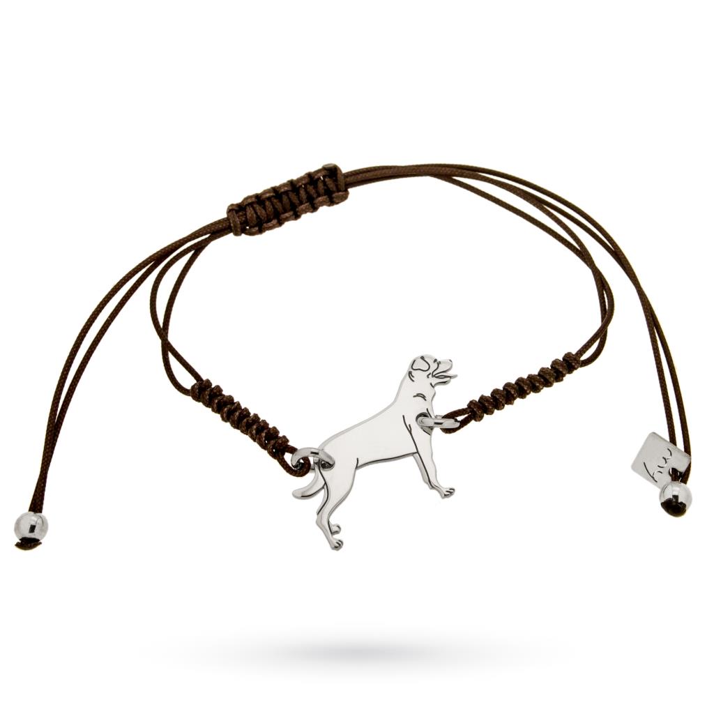 Bracciale con charm cane Rottweiler in argento e cordino marrone - MY JEWELS