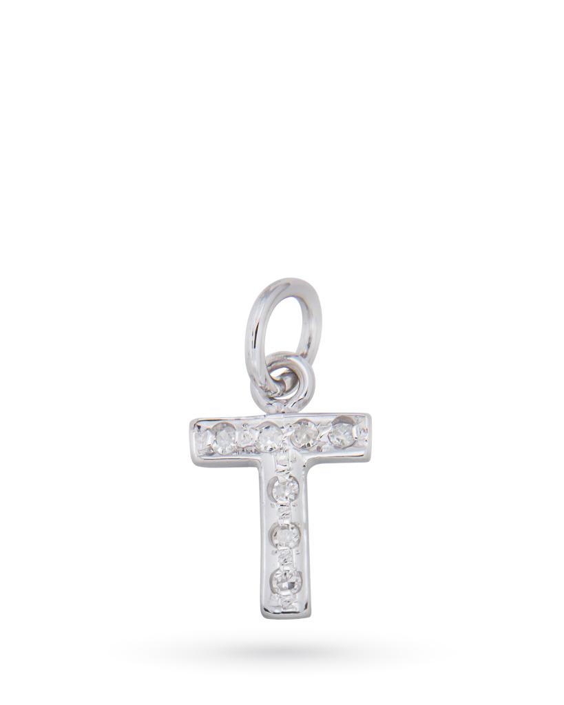 Ciondolo in oro bianco con lettera T e diamanti - 