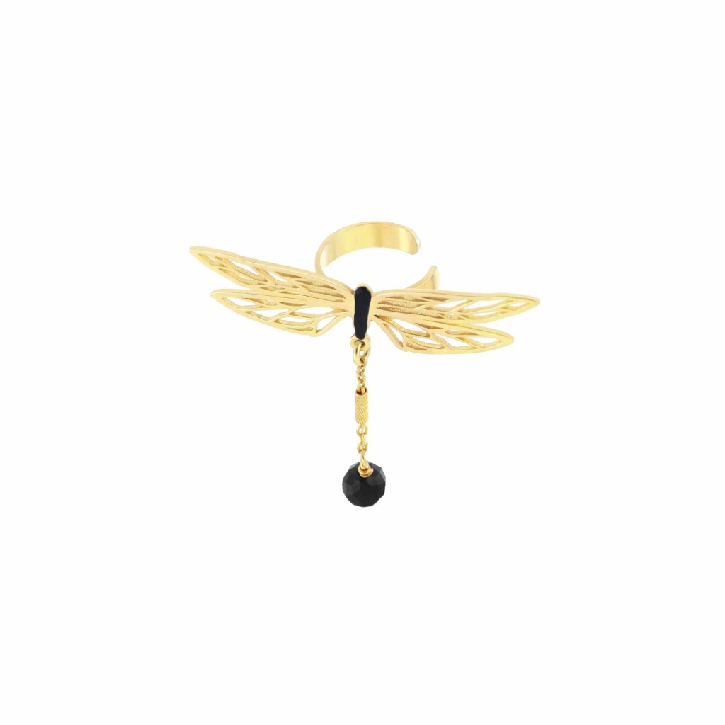 Earcuff Maman et Sophie in argento 925 con galvanica oro giallo, libellula lucida smaltata nera e spinello sfaccettato sulla coda.