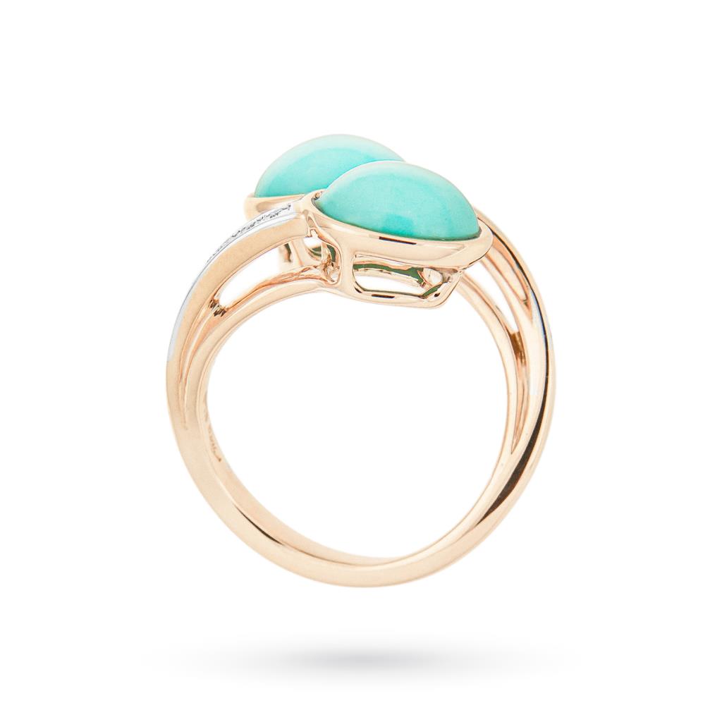  Anello contrariè oro rosa turchesi diamanti 0,06ct - CICALA