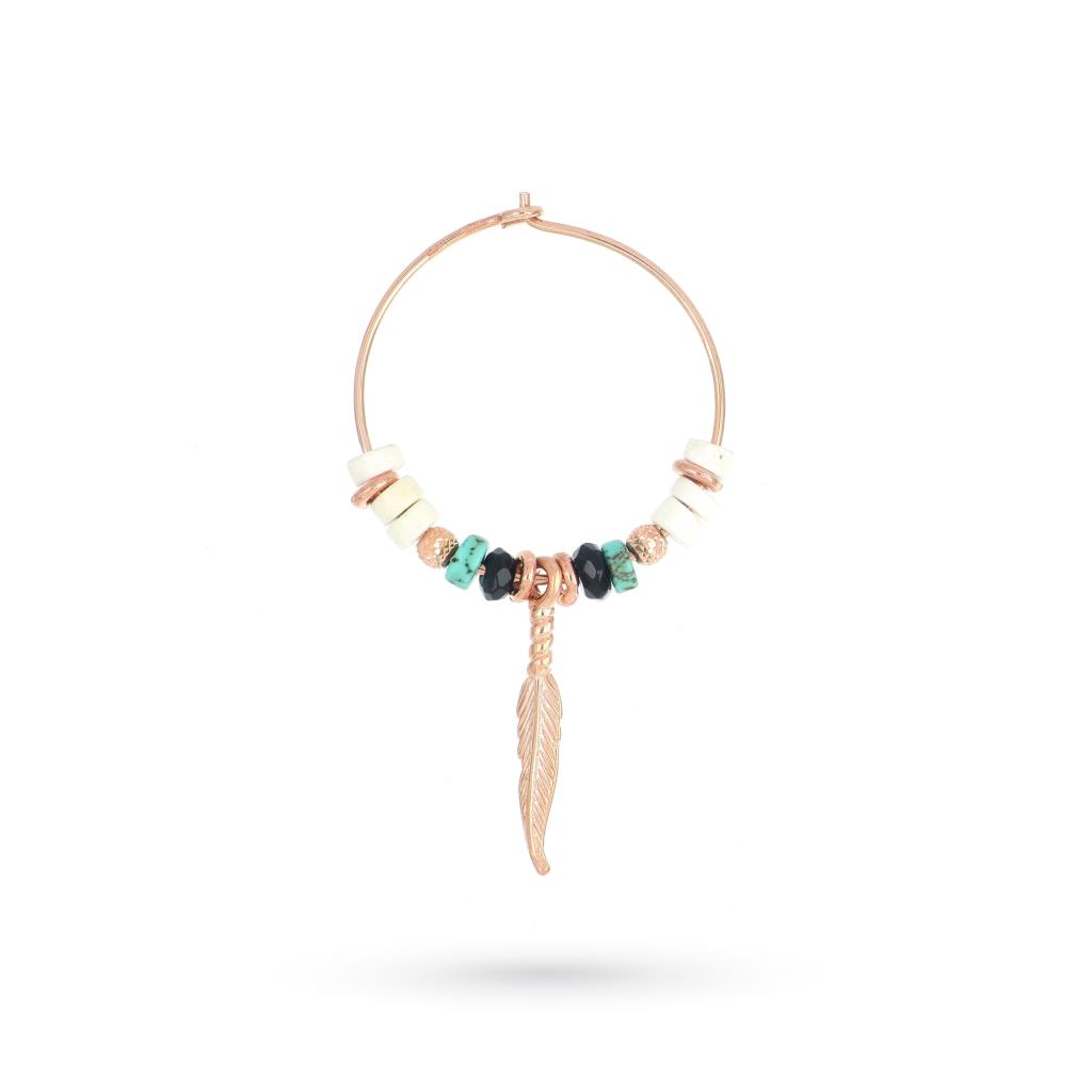 Single hoop earring with stones and feather in pink silver - MAMAN ET SOPHIE