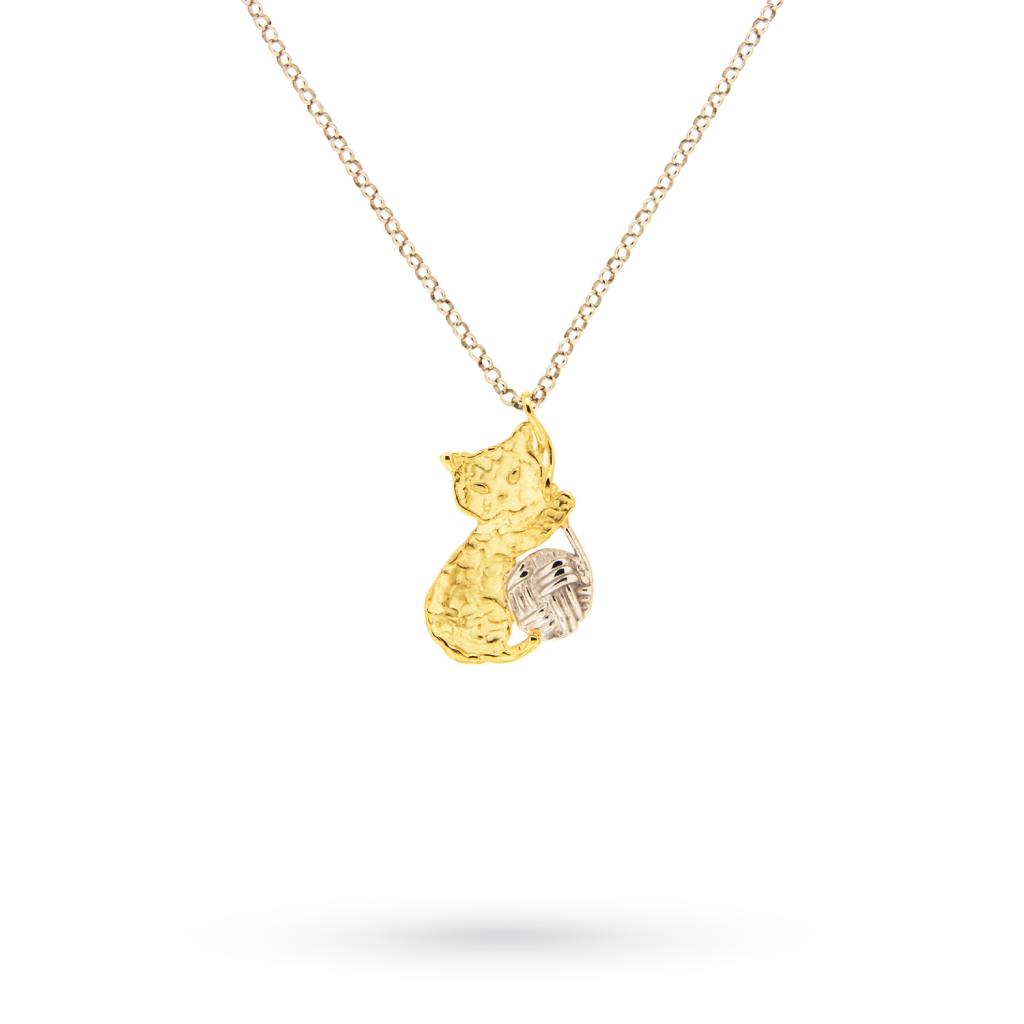Gold Cat with Ball of Yarn pendant silver chain 40cm - QUAGLIA