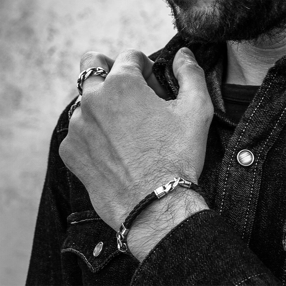 Bracciale due elemeti maglia groumette argento 925 e pelle - VALENTINO DI LEONARDO