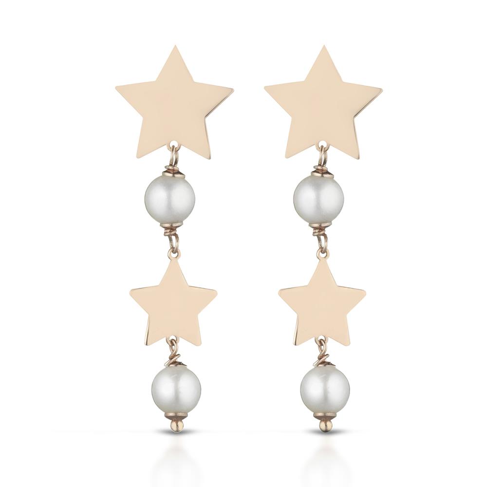 Fresh water pearls pendant earrings 2 stars in pink silver - GLAMOUR