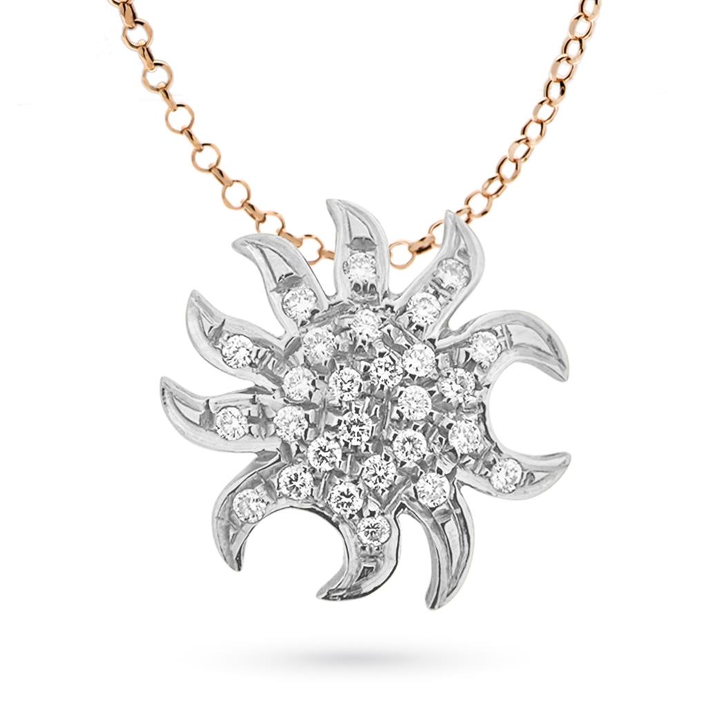 Girocollo con sole in oro bianco e diamanti su catena in oro giallo