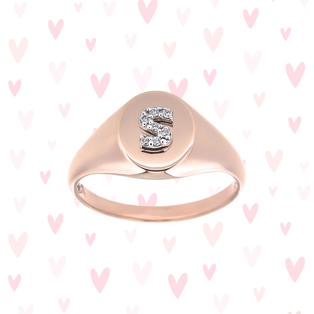  Anello chevalier oro rosa lettera S con diamanti 0,04ct - BUONOCORE