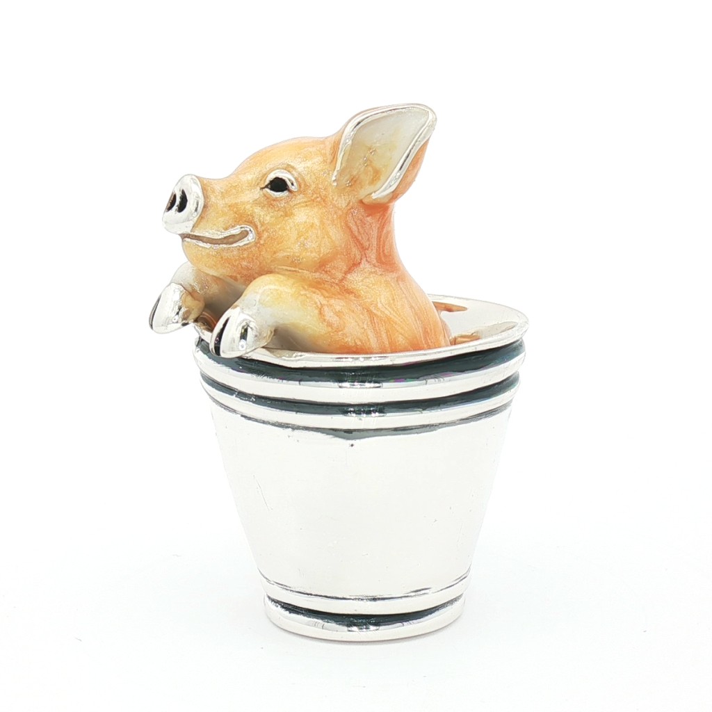  Enamel Pig in the Bucket silver ornament Saturnoo ST123-2 - SATURNO