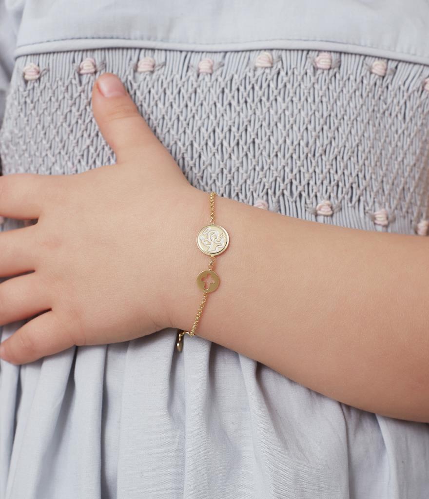  9kt yellow gold bracelet with angel charm and cross - LE BEBE