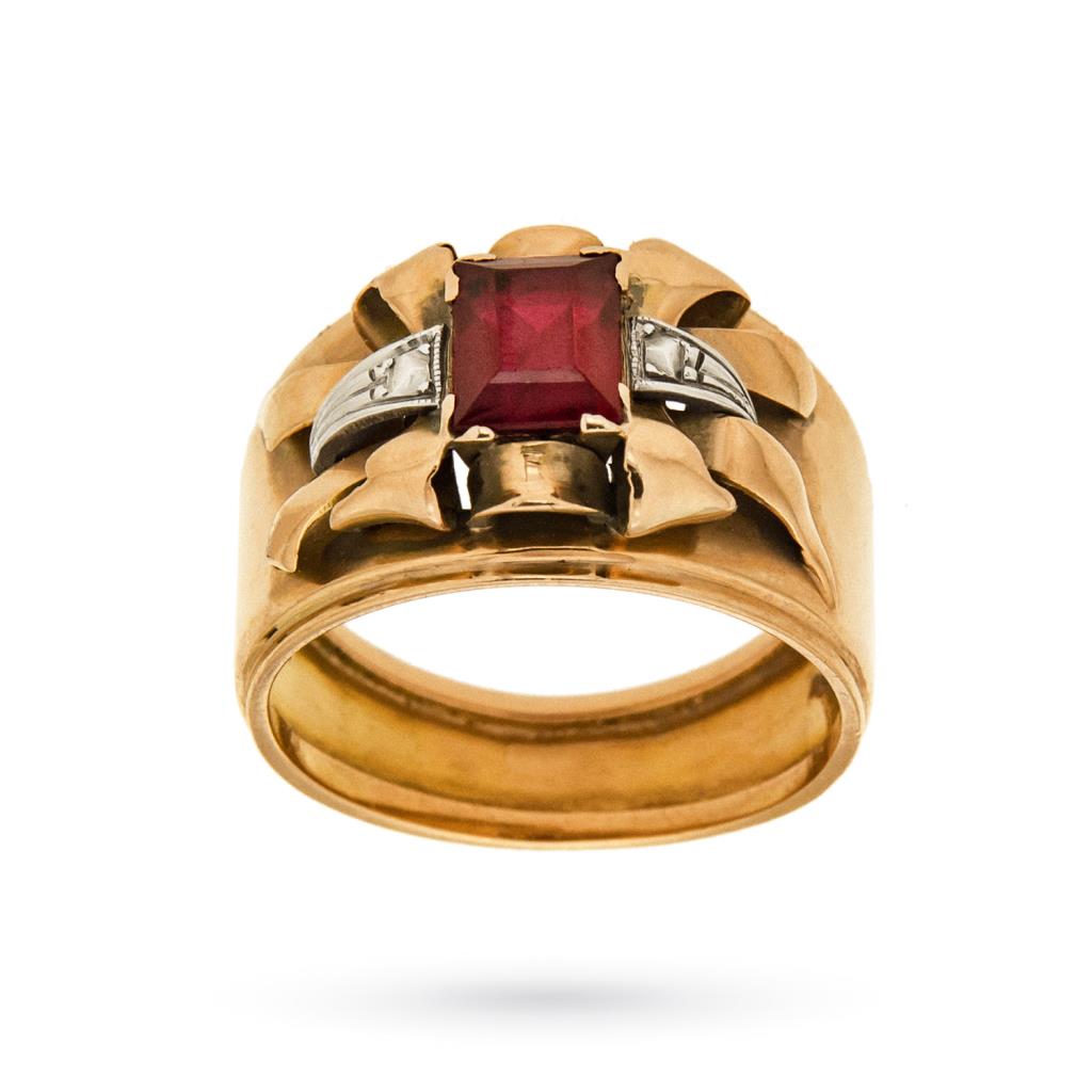 Vintage yellow gold band ring with red gem - 