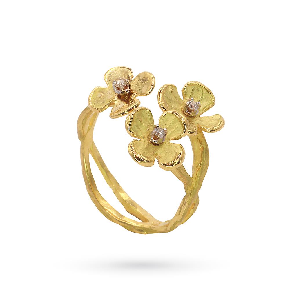  18kt yellow gold flowers ring 0,06ct Luigi Quaglia - QUAGLIA