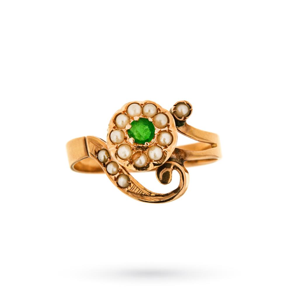  Anello vintage oro rosa gemma verde e perle - 