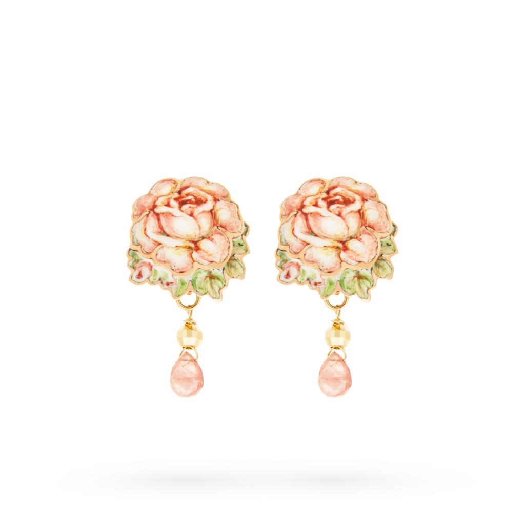 Pink flowers earrings, copper tourmaline pendant and 18kt gold - GABRIELLA RIVALTA