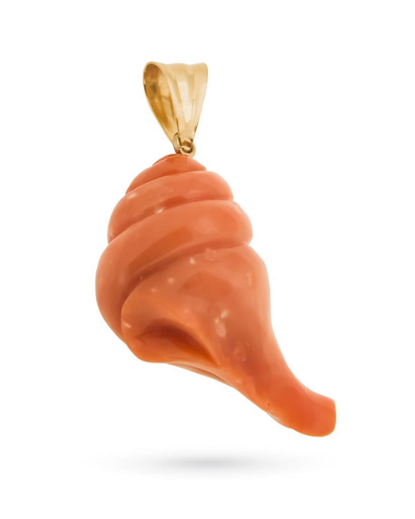 Ciondolo con conchiglia in corallo rosa inciso e oro giallo - LUSSO ITALIANO