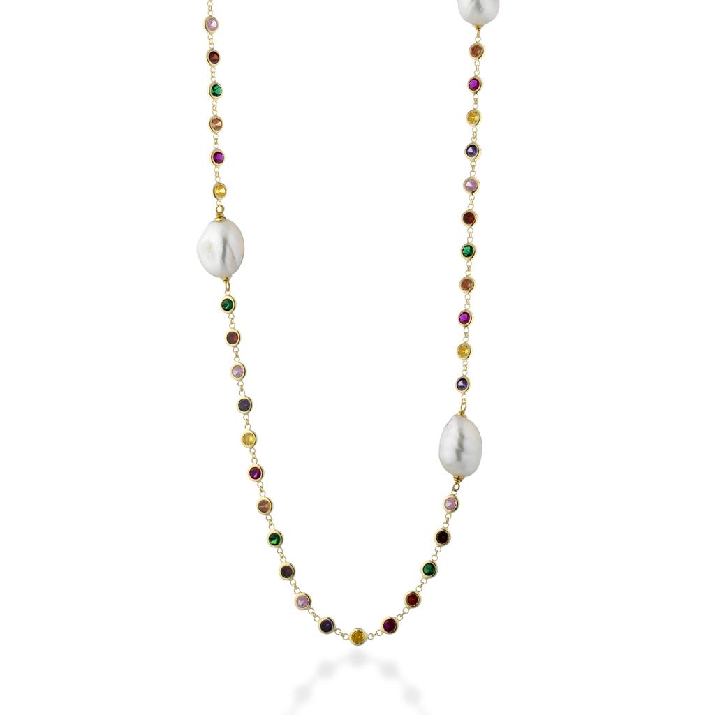 Collana argento dorato zirconi multicolor e perle bianche 90cm - GLAMOUR