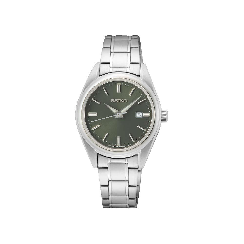 Orologio seiko da donna con quadrante verde; cassa e bracciale in acciaio inossidabile.