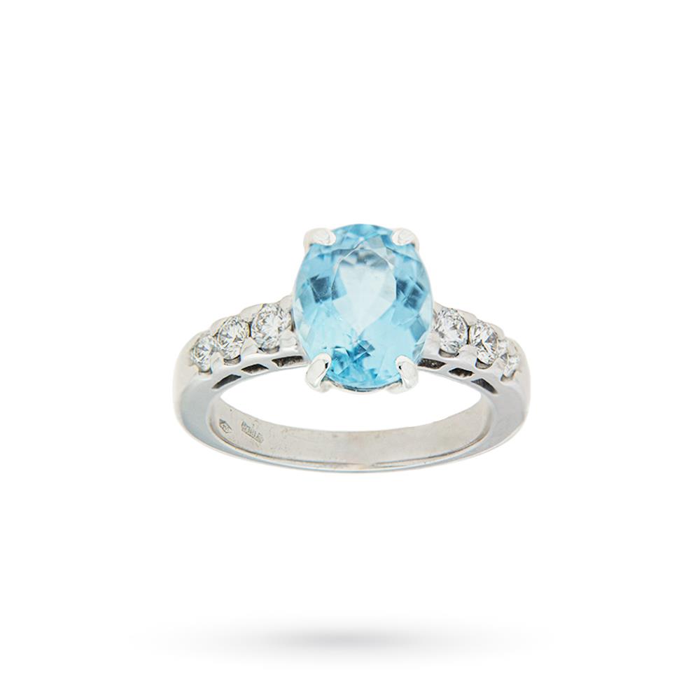 Anello oro bianco acquamarina ovale gambo diamanti - LUSSO ITALIANO