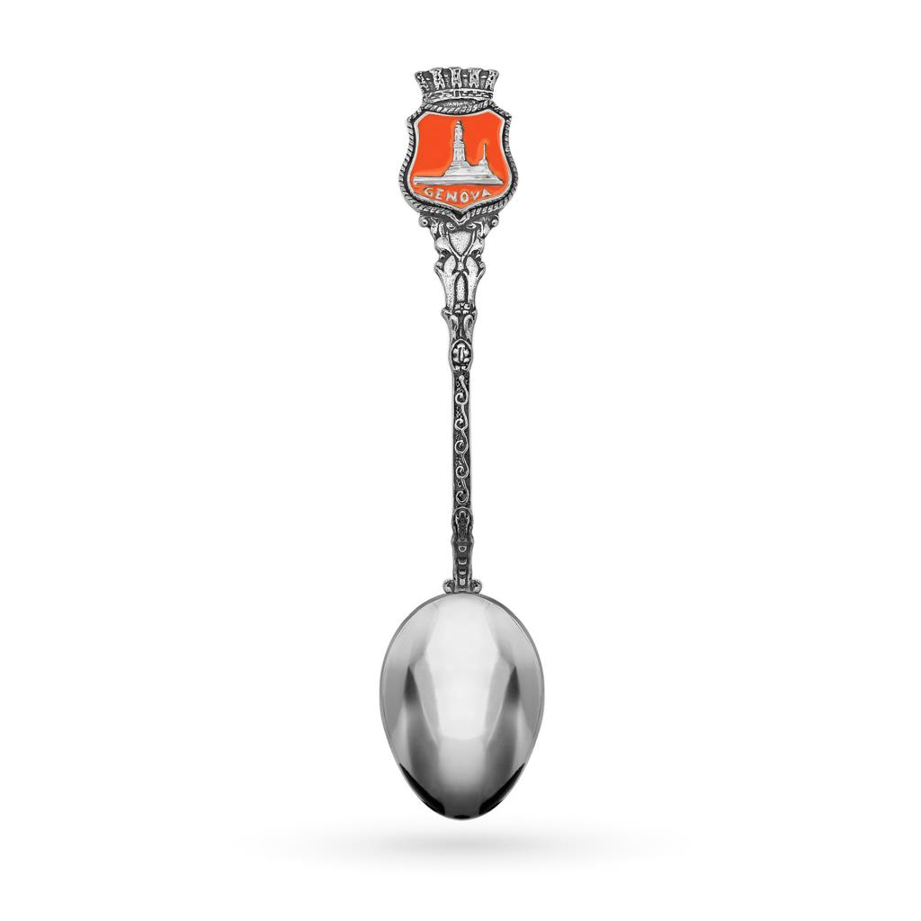 925 silver teaspoon with Genoa city lighthouse with orange enamel - CICALA
