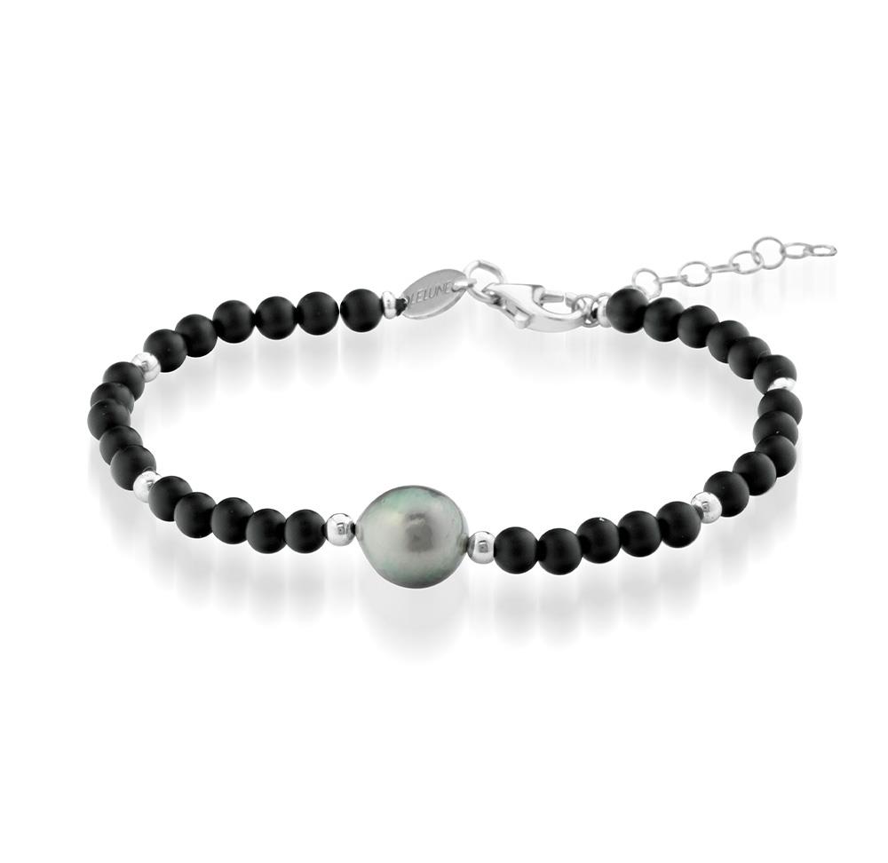 Bracciale agata nera satinata argento perla Tahiti 17cm - GLAMOUR