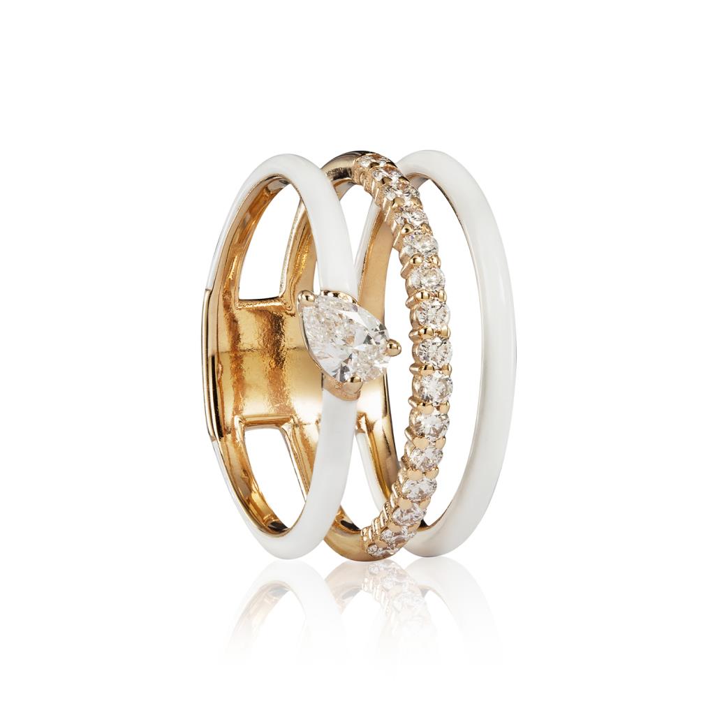 Ring three stems two different cut diamonds yellow gold white enamel - RF JEWELS