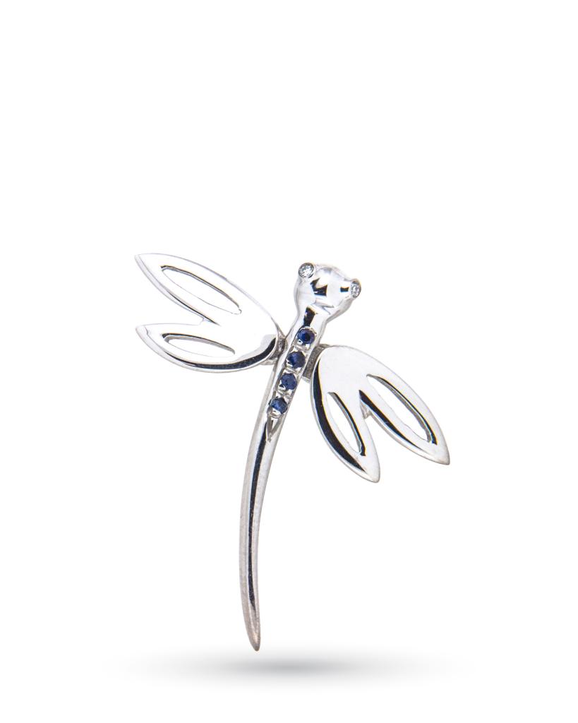 Ciondolo libellula in oro bianco con diamanti e zaffiri blu - CICALA