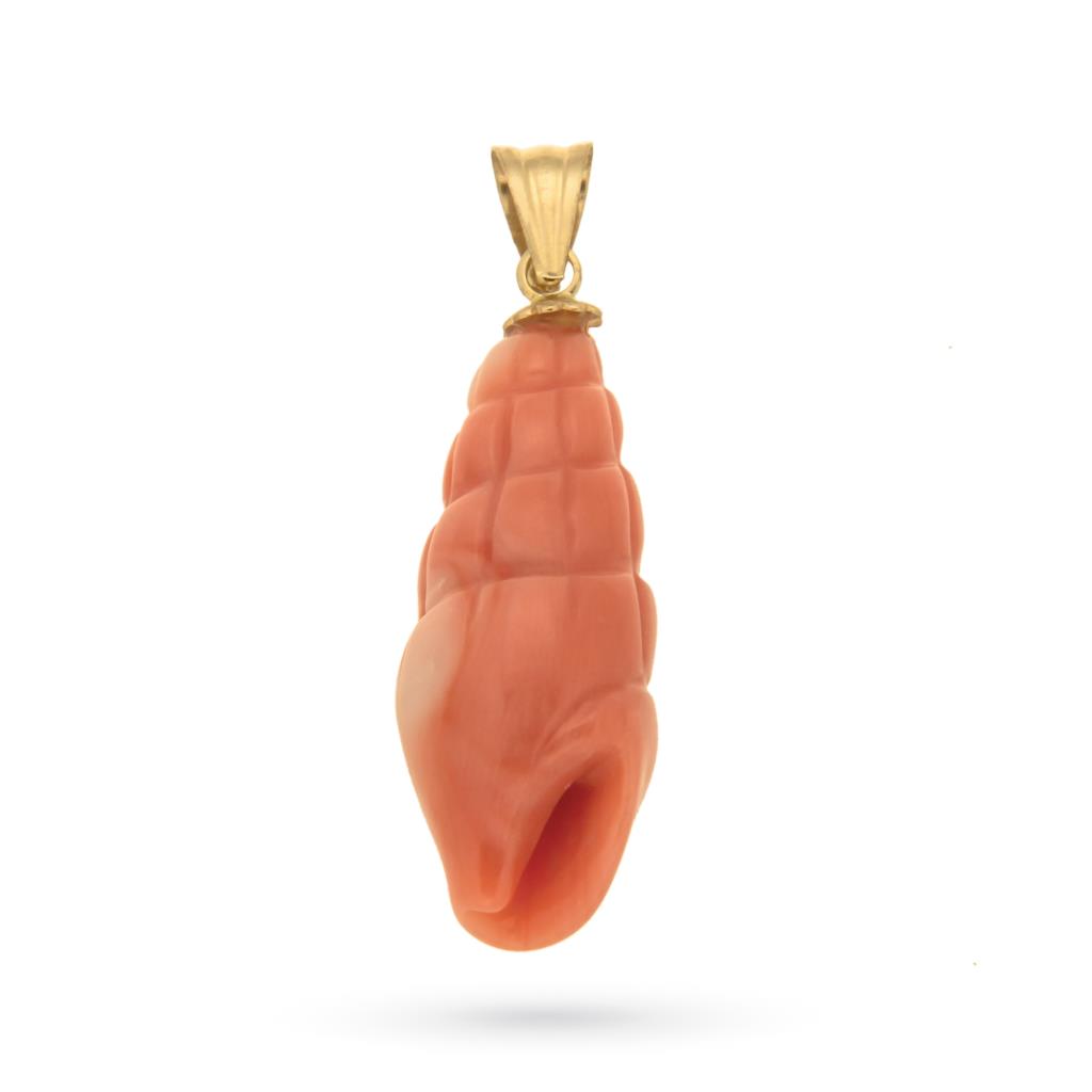Red coral charm with shell hand engraved and 18kt yellow gold - LUSSO ITALIANO