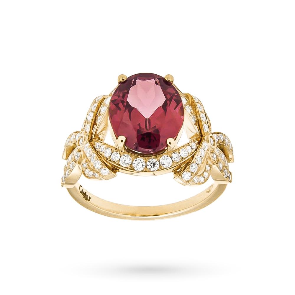 Oval pink rhodolite yellow gold ring 4.08ct with diamond flakes 0.55ct - CICALA