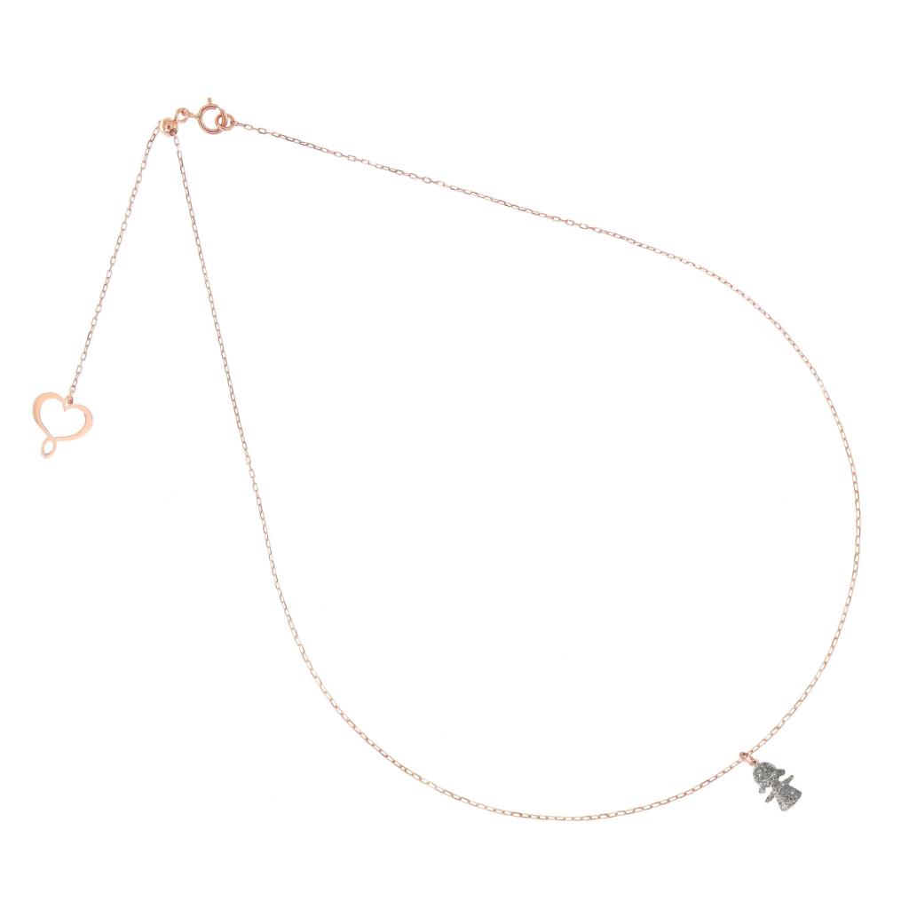 Collana in oro rosa con ciondolo a forma di bimba in polvere di diamanti