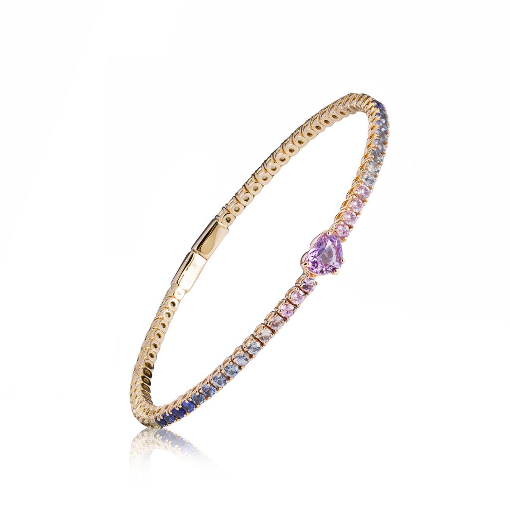 Yellow gold rigid bracelet with colored sapphires and 4.27 ct purple heart sapphire - RF JEWELS