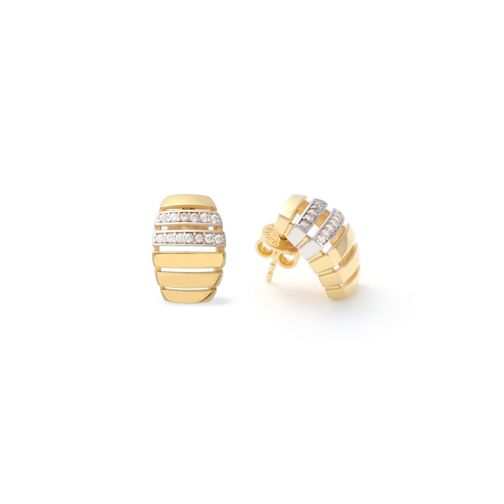Orecchini Oro 9K (375/1000) A Cuore Bicolore Con Zirconi – Chiusura A Vite Di Sicurezza, Anallergici, Regalo In Astuccio