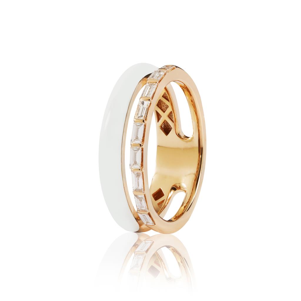 Double yellow gold ring, white enamel, 0.32ct baguette diamonds - RF JEWELS