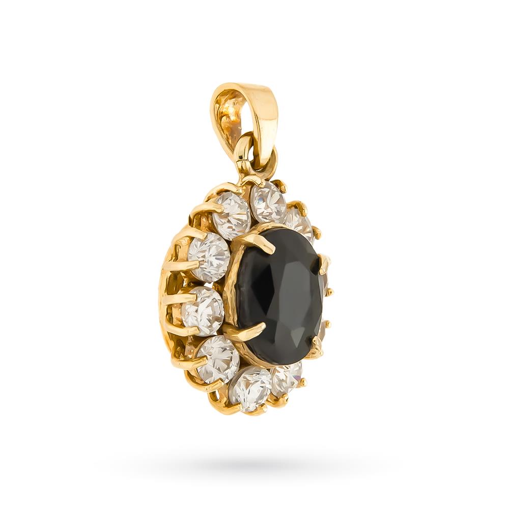 Ciondolo oro giallo zaffiro blu ovale contorno zirconi - LUSSO ITALIANO