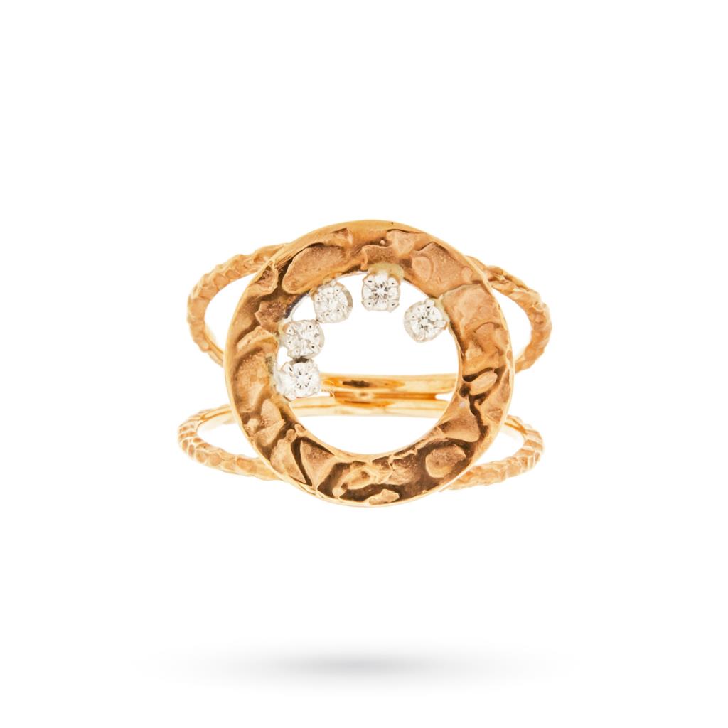 Rose gold hammered disc ring with 4 diamonds 0.10ct - QUAGLIA