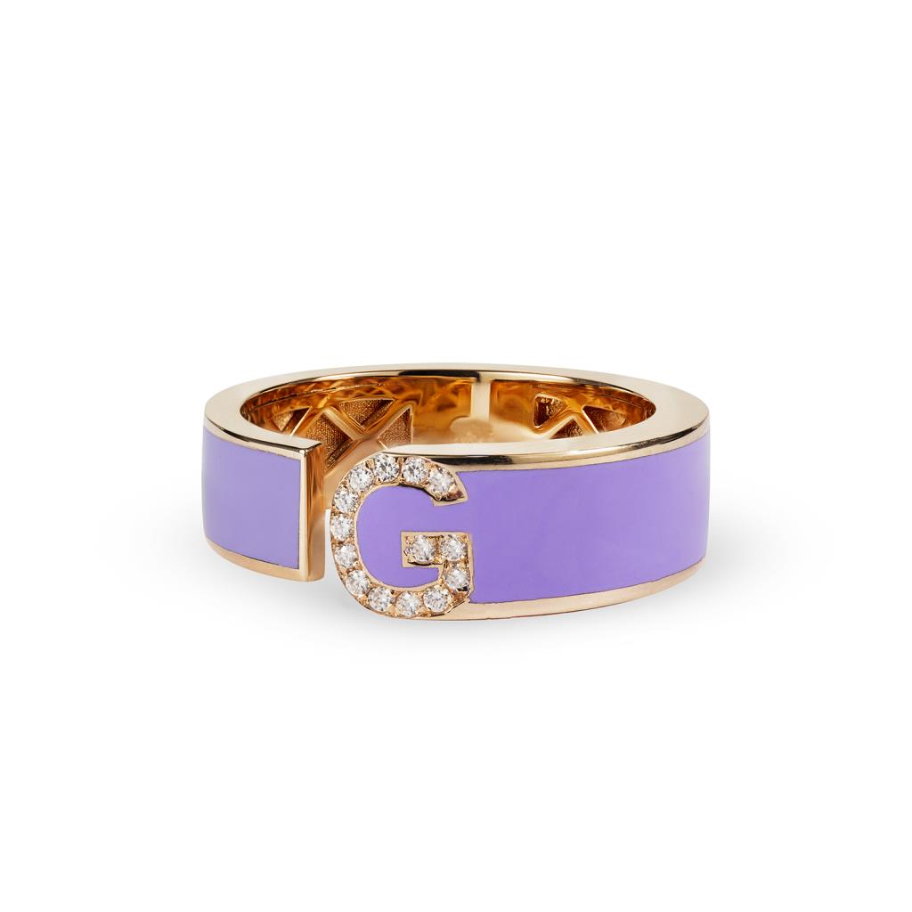 Letter G ring in yellow gold diamonds and lilac enamel - RF JEWELS