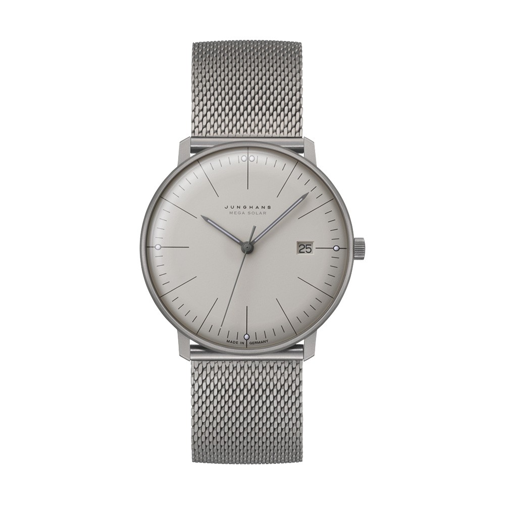 Orologio Junghans max bill MEGA Solar in titanio con quadrante grigio chiaro e bracciale milanese.