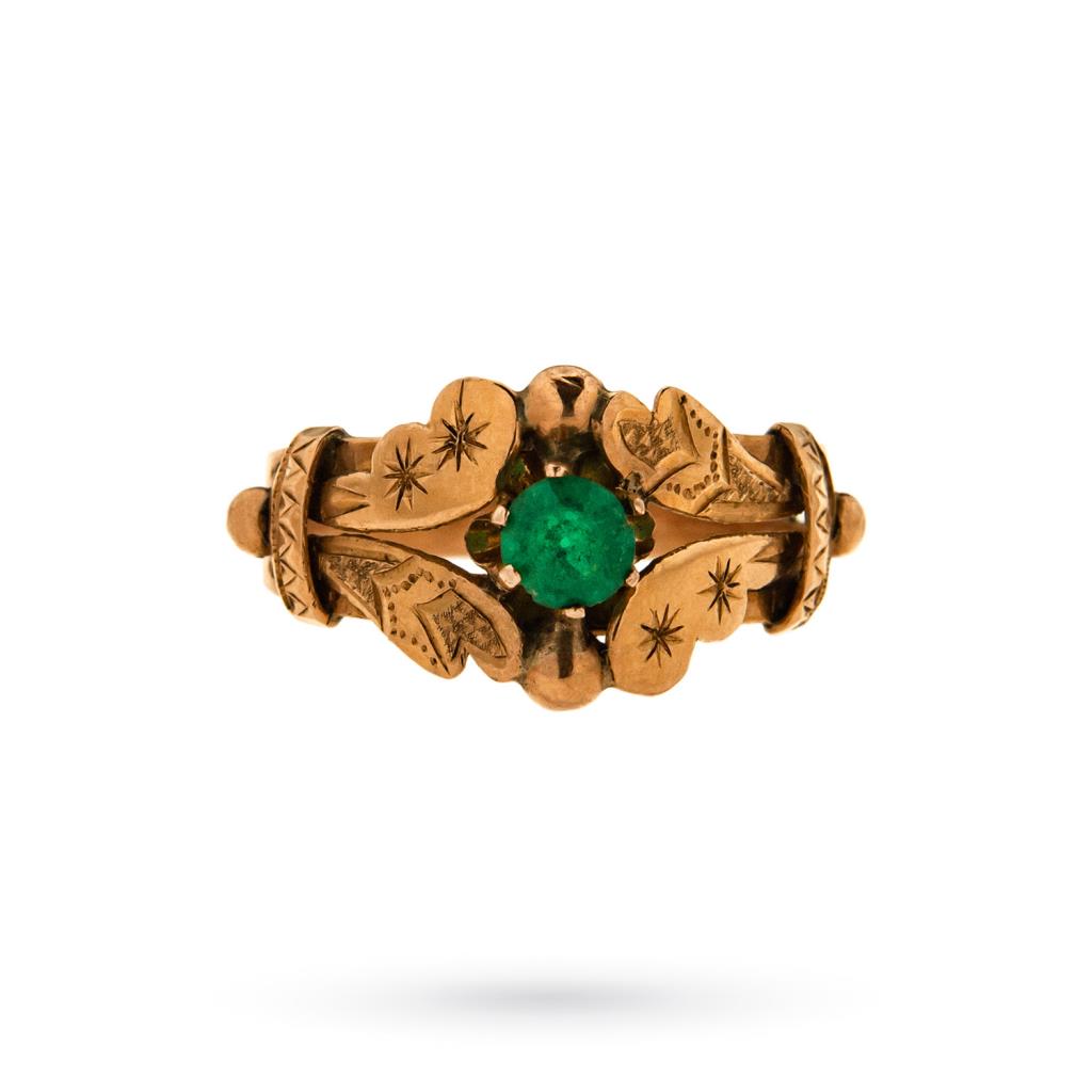  Vintage engraved rose gold ring and synthetic green stone - 