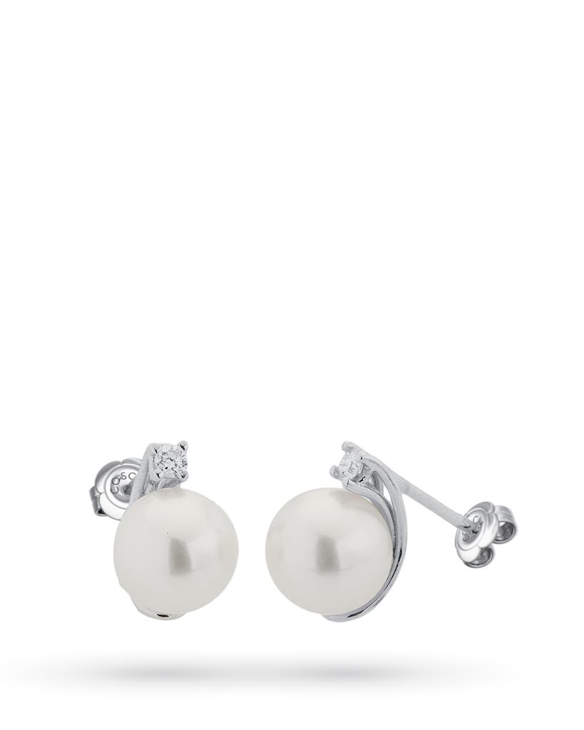 White gold lobe earrings with diamonds 0,02ct and akoya pearl 6mm - COSCIA