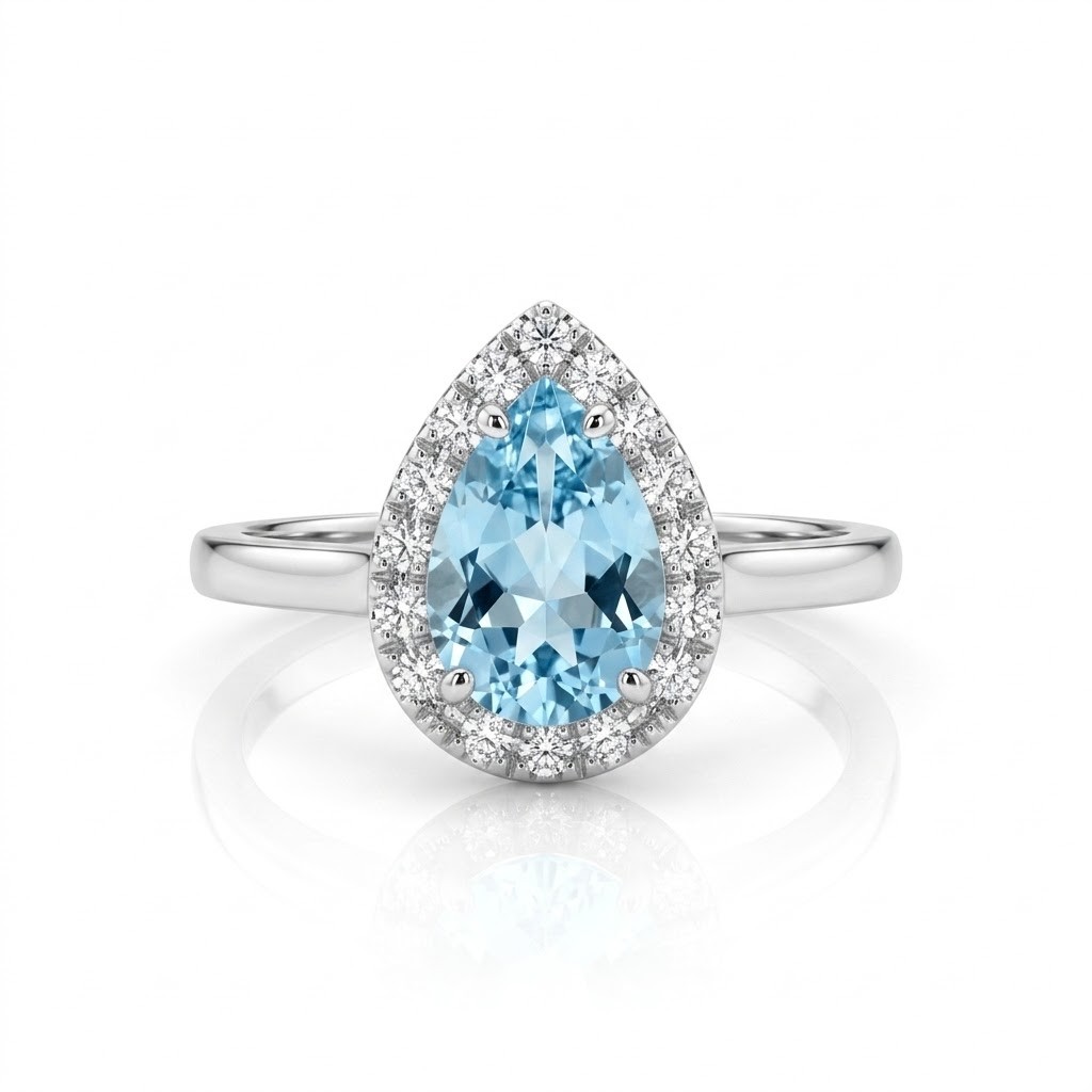 Anello Halo a Goccia in Oro Bianco con Acquamarina (0,84 ct) e Diamanti (0,14 ct) misura 12 - CICALA