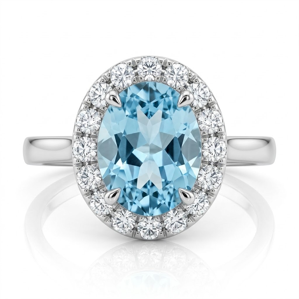Anello Halo in Oro Bianco con Acquamarina Ovale (1.15 ct) e Contorno di Diamanti (0.145 ct) - CICALA