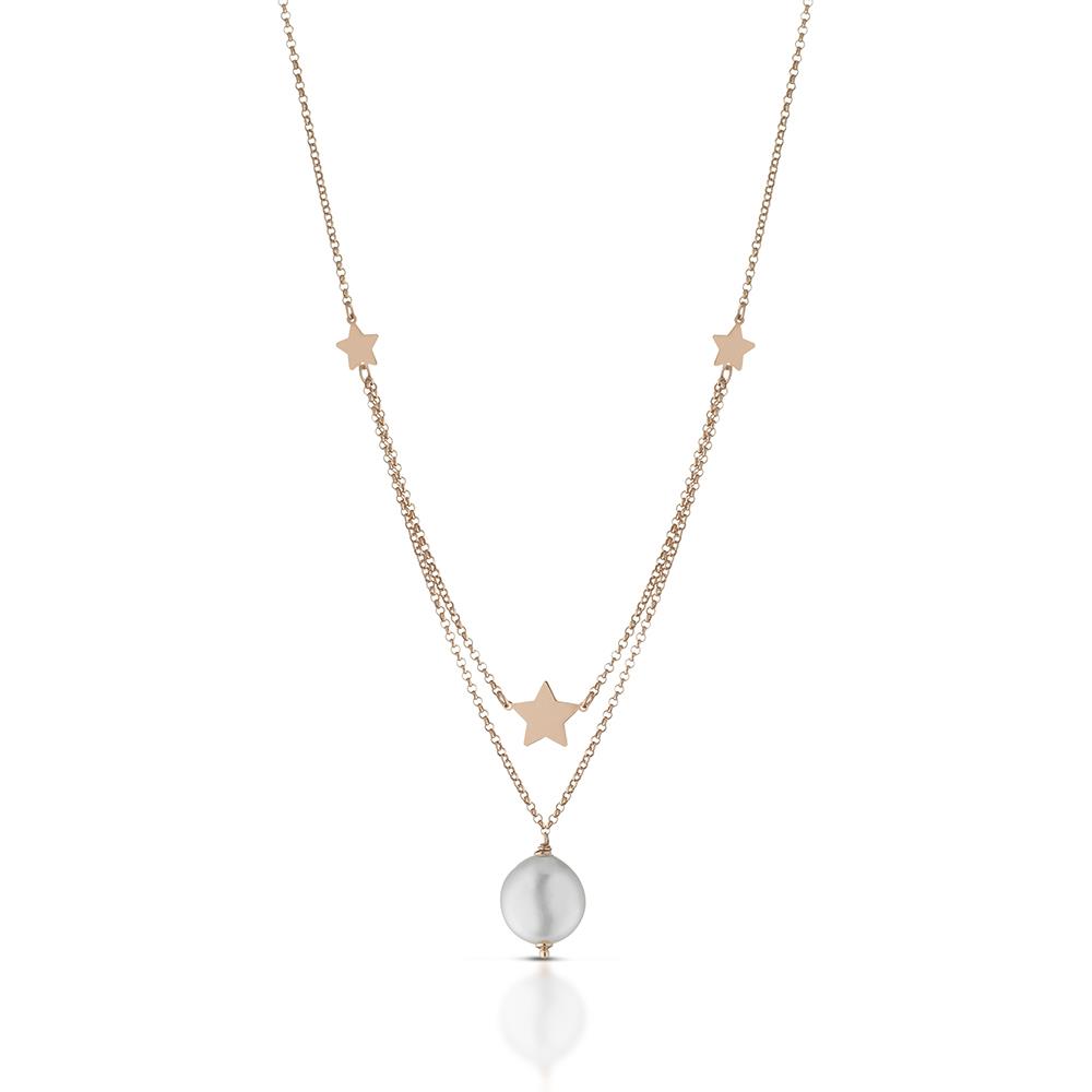 Double choker necklace silver pink pearl star 40cm - GLAMOUR